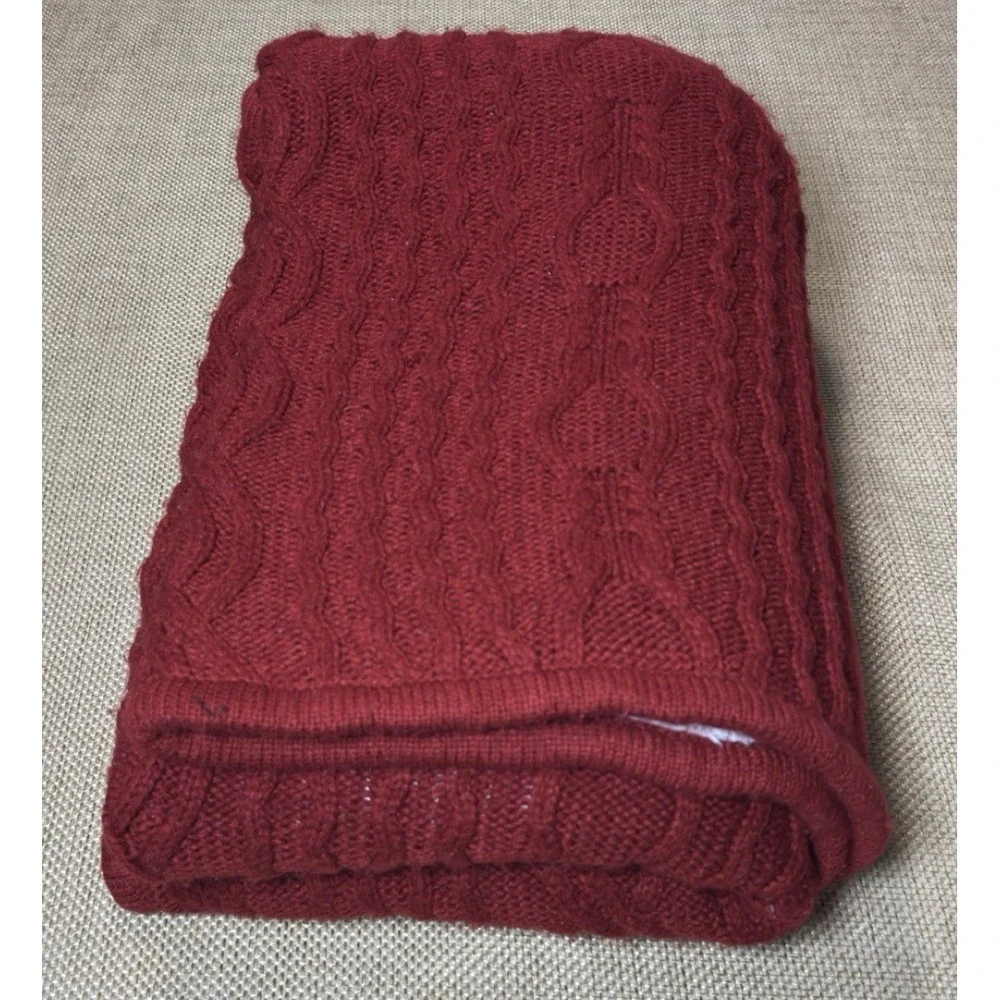 LL Bean Throw Blanket Chunky‎ Cable Knit Fisherman Red Soft Sherpa Reversible